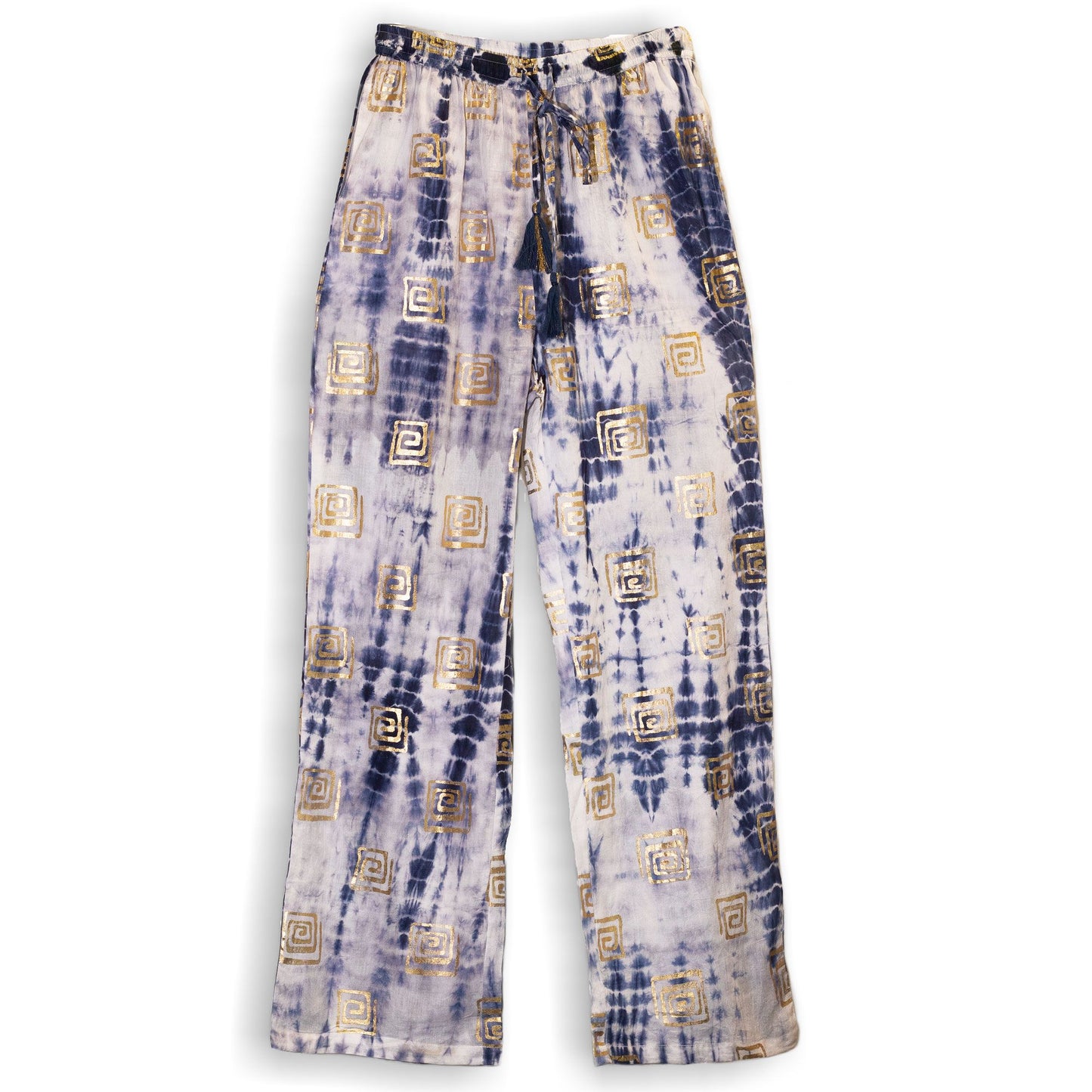 (LXL) Collection Nomad Sari méditerranéen - Pantalon - Motif grec en or et bleu