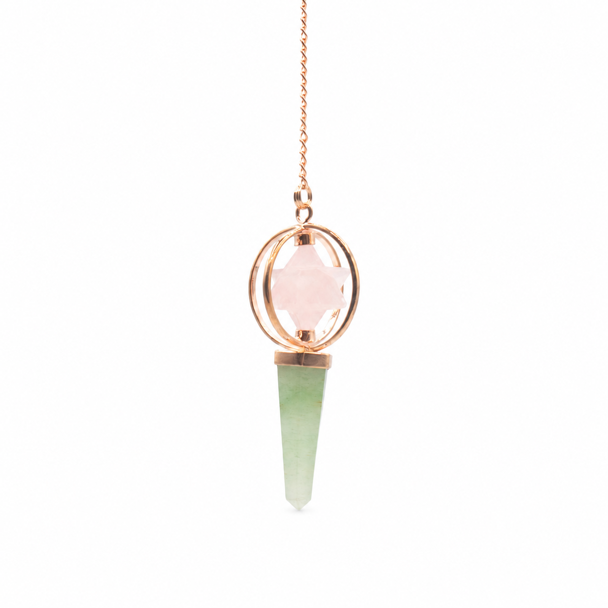 Brújula del Corazón - Estrella Merkaba giratoria de dos piezas en péndulo de cobre - cuarzo rosa y aventurina verde