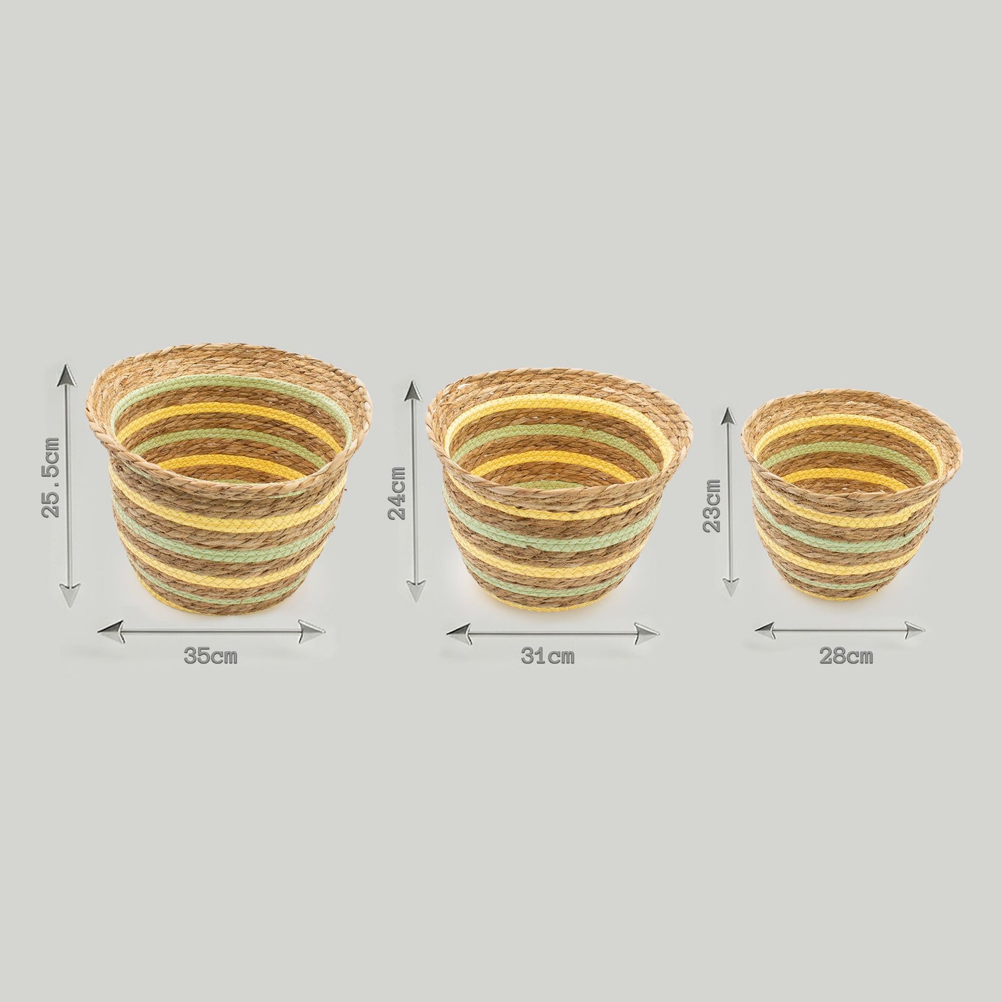 Körbe in Vasenform aus Seegras und Stroh – Natur, Gelb und Grün – 3er-Set