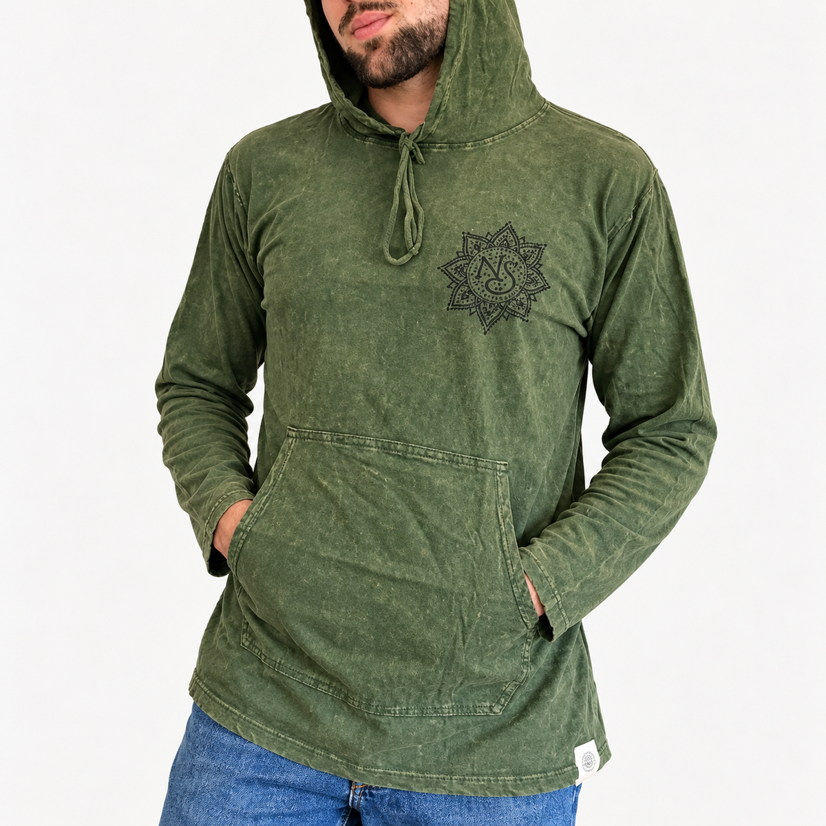 Camisa con capucha mediana lavada a la piedra con bolsillo canguro - Verde azulado vintage