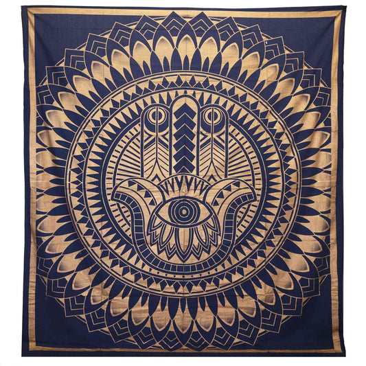 Doppelte Baumwolldecke + Wandbehang - Hamsa - Goldblau