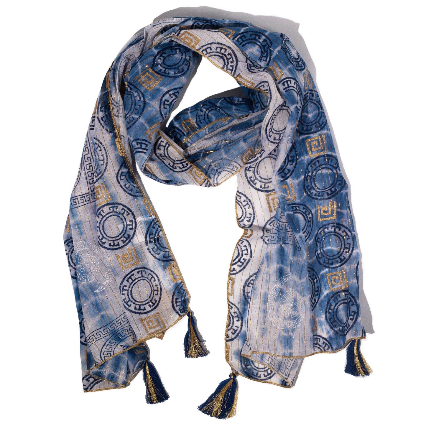 Nomad Sari Foulard imprimé Marbella pour l'été - Bleu avec doré (180x50cm)