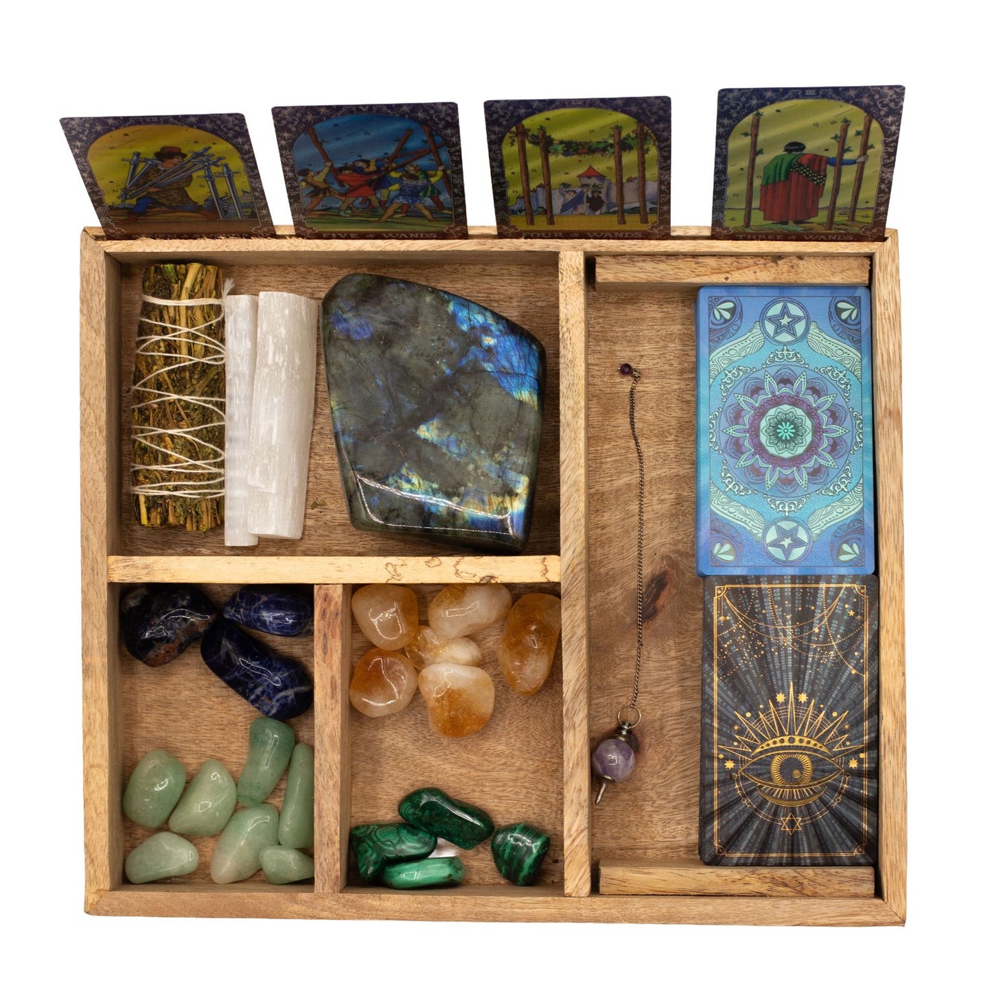 Tarotbox mit vier Fächern und Kartenständer