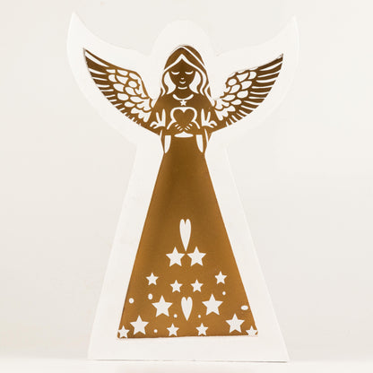 Ángel de madera de mango - acabado lavado blanco con recorte decorativo de hierro - 39 cm