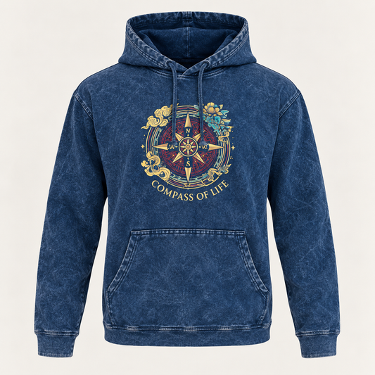 Camisa con capucha extragrande lavada a la piedra con bolsillo canguro - Brújula de la vida azul