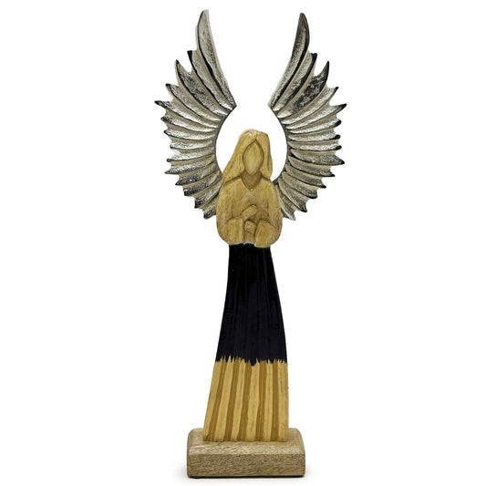 Ángel guardián grande de madera de mango con alas de metal y detalles esmaltados - 40 cm