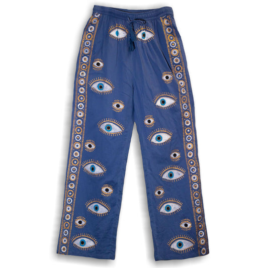 (LXL) Collection Nomad Sari méditerranéen - Pantalon - Motif mauvais œil en bleu riche et or