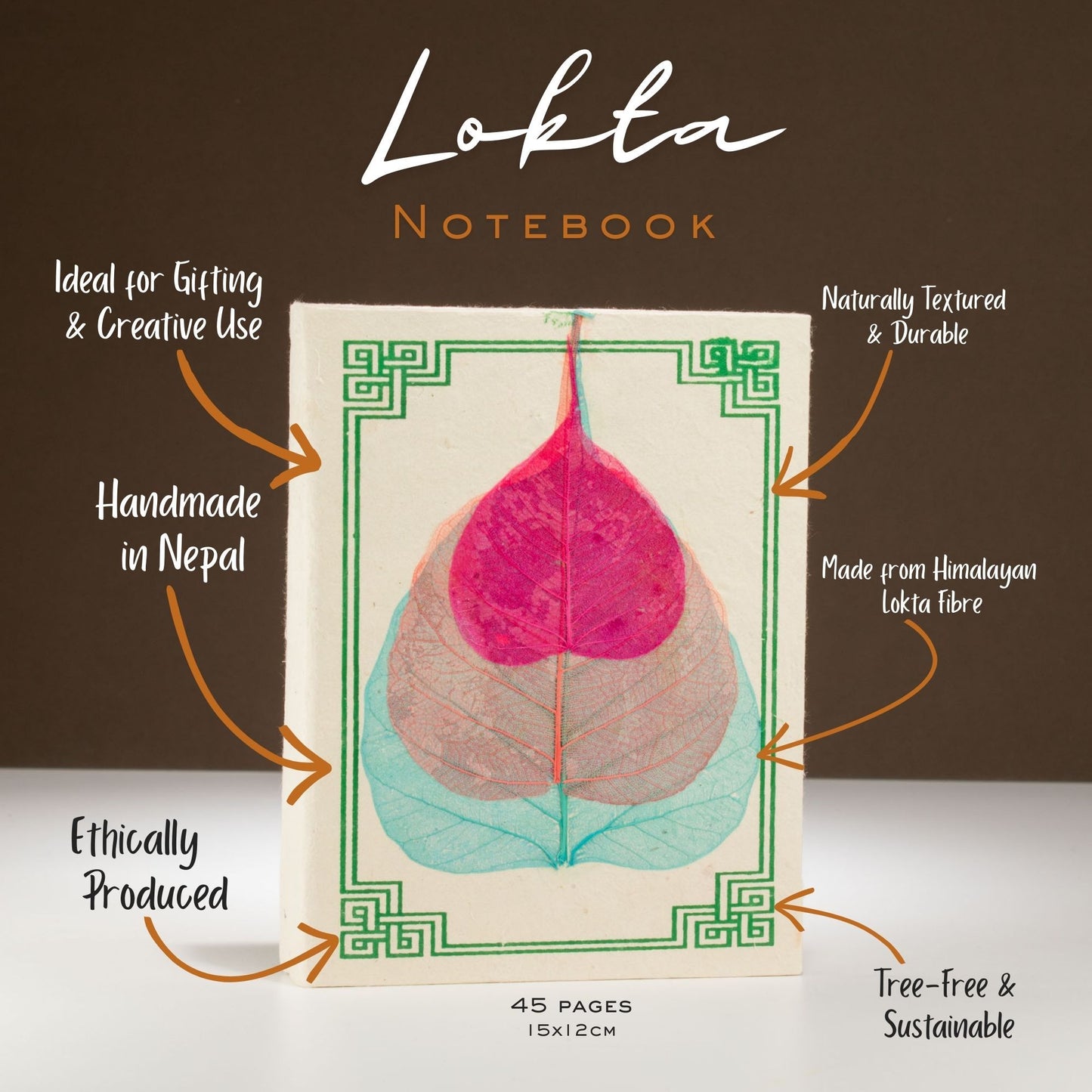 Carnet Lokta moyen – Feuille Bodhi (15 x 12 cm) – 45 feuilles (assortiment)