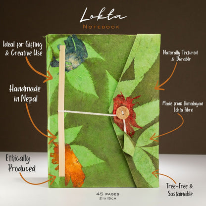 Carnet en papier Lokta au motif floral audacieux – Grand (21x15cm) – 45 feuilles – Marque-page inclus – Vert mousse