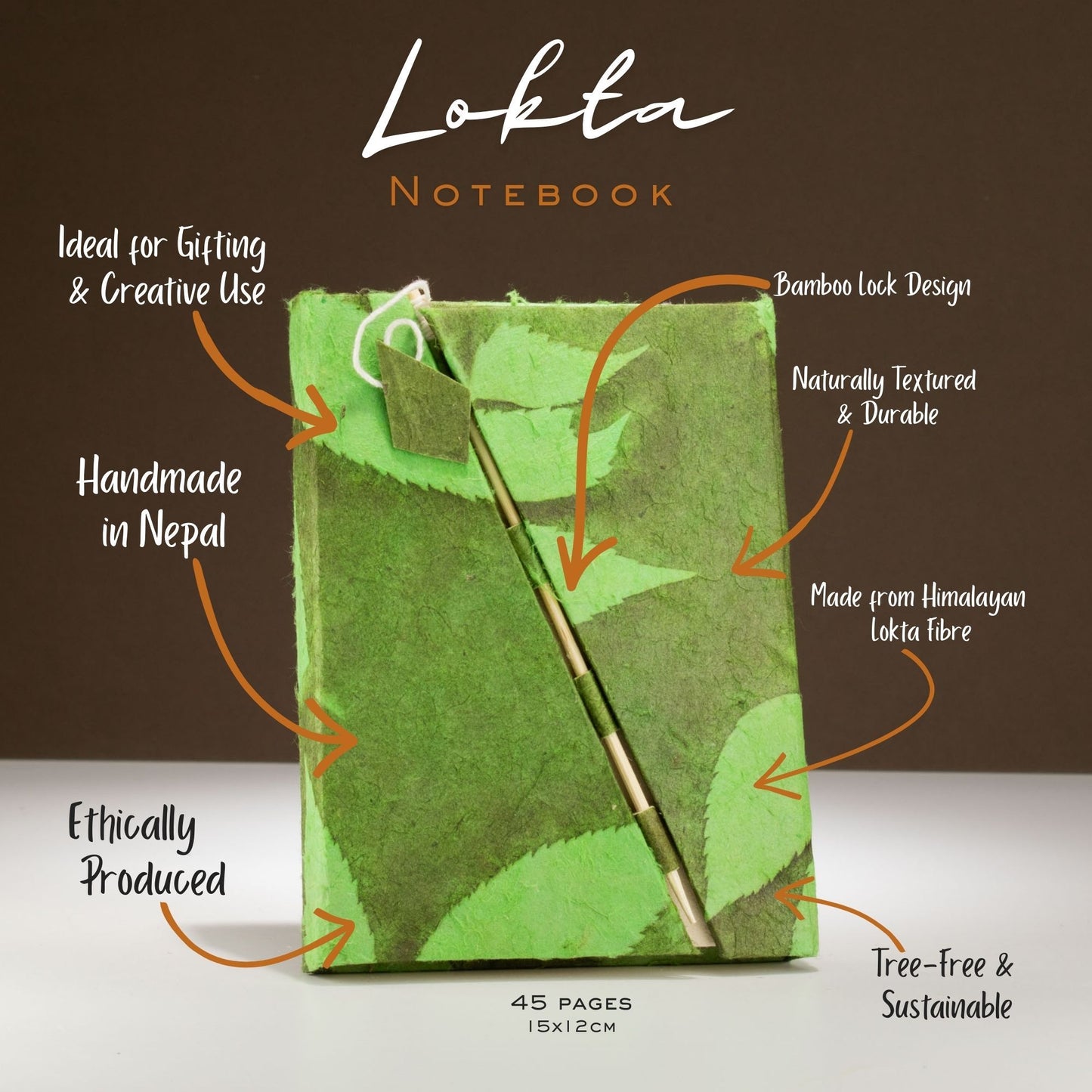 Lokta Bold Floral Bamboo Lock Notizbuch – Mittel (15x12cm) – 45 Blatt – Moosgrün