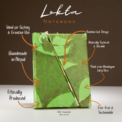 Lokta Bold Floral Bamboo Lock Notizbuch – Mittel (15x12cm) – 45 Blatt – Moosgrün