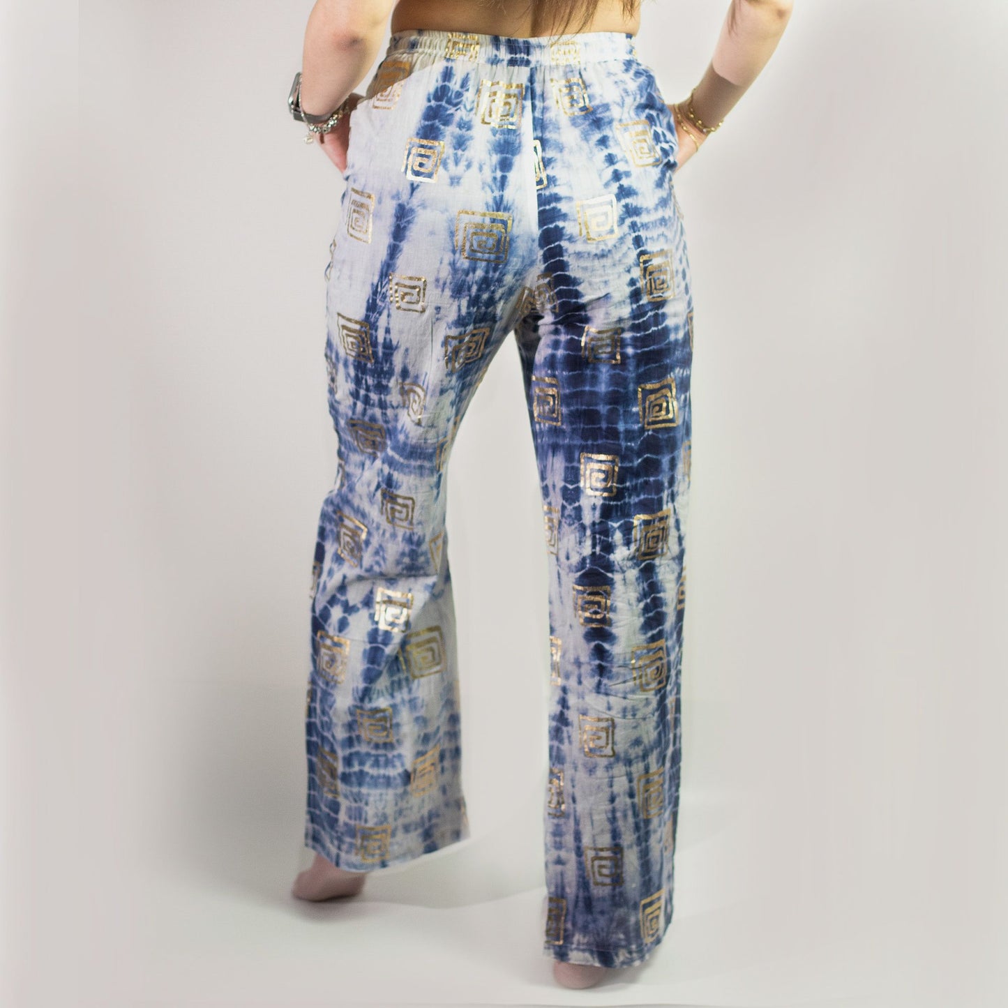(ML) Collection Nomad Sari méditerranéen - Pantalon - Motif grec en or et bleu