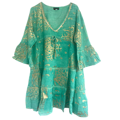 (LXL) Colección Nomad Sari - Vestido - Diseño en turquesa y coral dorado