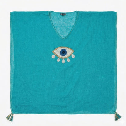 Nomad Sari en la Colección Med - Kaftán - Turquesa con Dorado y Blanco, Gran Ojo Turco