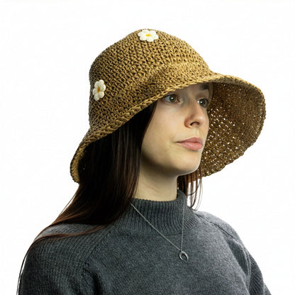Nomad Sari Chapeau de paille à bord flexible pour le soleil - Café et Daiseys