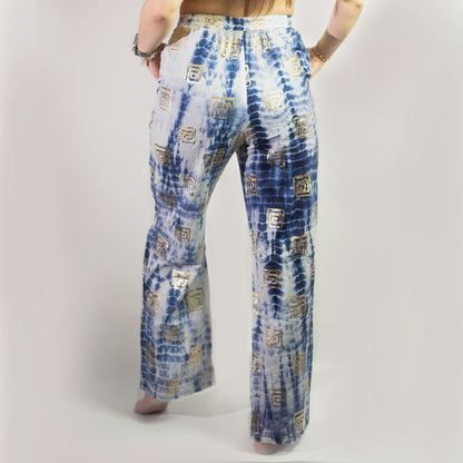 (LXL) Collection Nomad Sari méditerranéen - Pantalon - Motif grec en or et bleu
