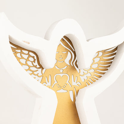 Ángel de madera de mango - acabado lavado blanco con recorte decorativo de hierro - 39 cm