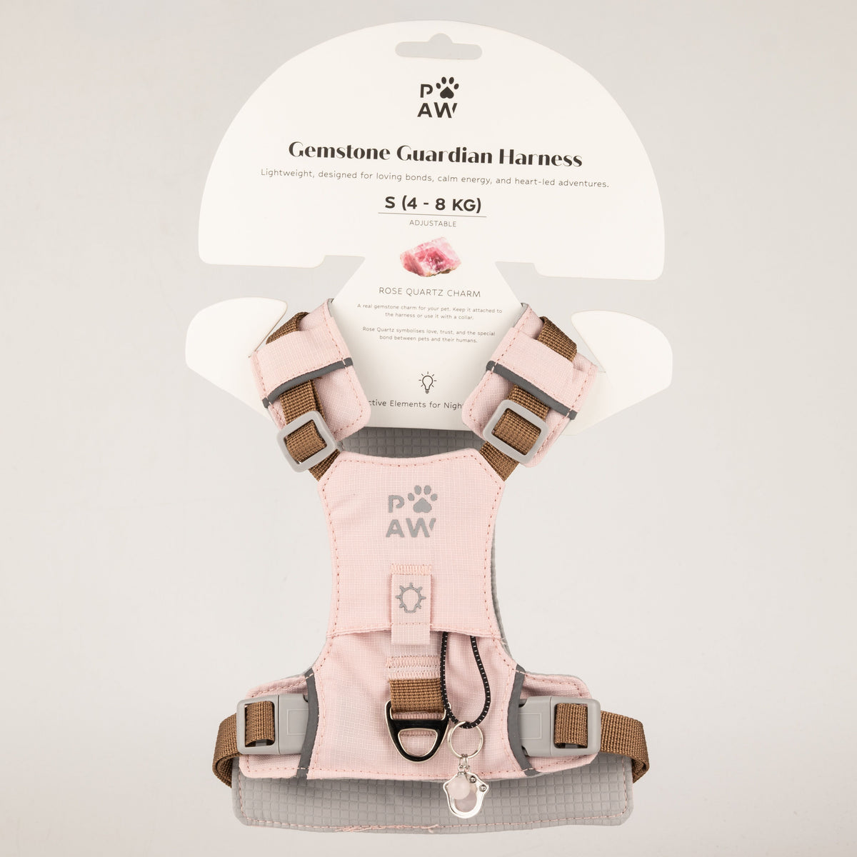 PAW - S (4-8 kg) Arnés de paso para perros Guardian con malla reflectante - Rosa suave - Colgante de cuarzo rosa
