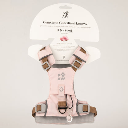 PAW - S (4-8 kg) Arnés de paso para perros Guardian con malla reflectante - Rosa suave - Colgante de cuarzo rosa