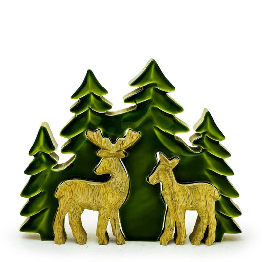 Perdu dans les bois - Deux cerfs dans la forêt Décoration en bois 3D - 18x23cm