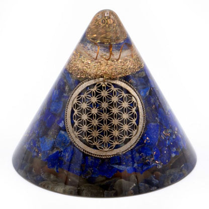 Cône d'orgonite - Fleur de vie - Quartz suspendu - 90 mm