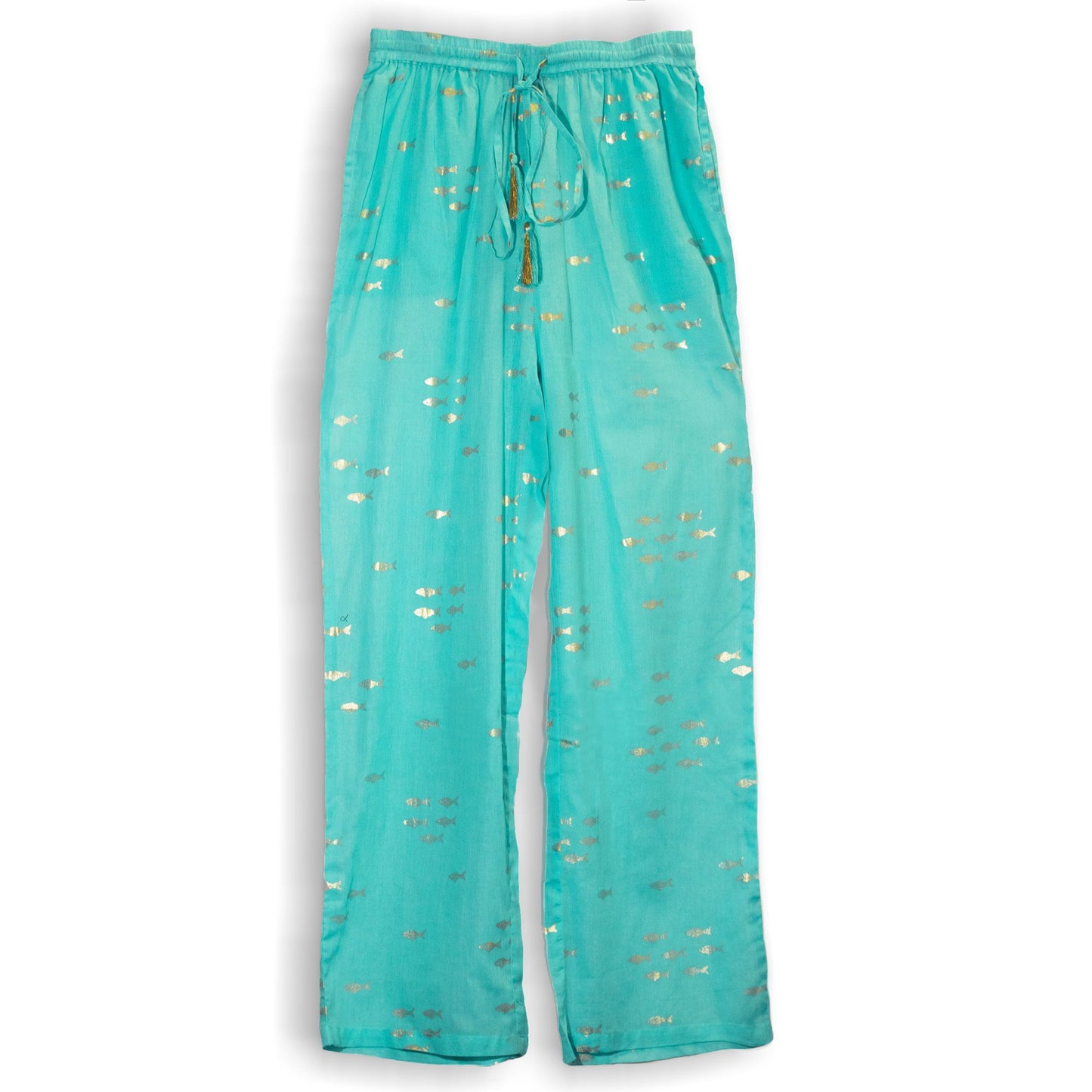 (LXL) Collection Nomad Sari méditerranéen - Pantalon - Motif poisson turquoise et doré