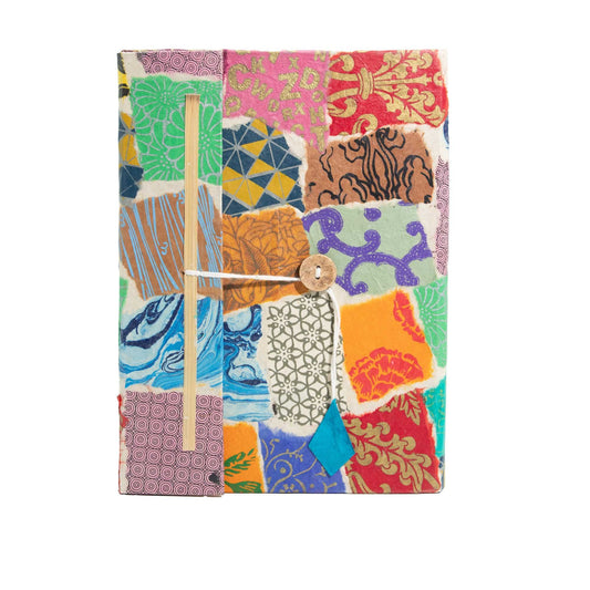 Lokta Patchwork Notizbuch – Groß (21x15cm) – 45 Seiten – Inklusive Lesezeichen – Mehrfarbig