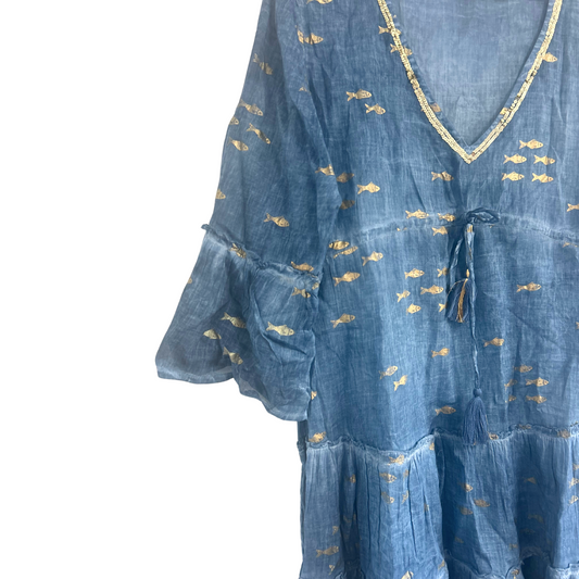 (LXL) Collection Nomad Sari - Robe - Motif poisson bleu marine et doré
