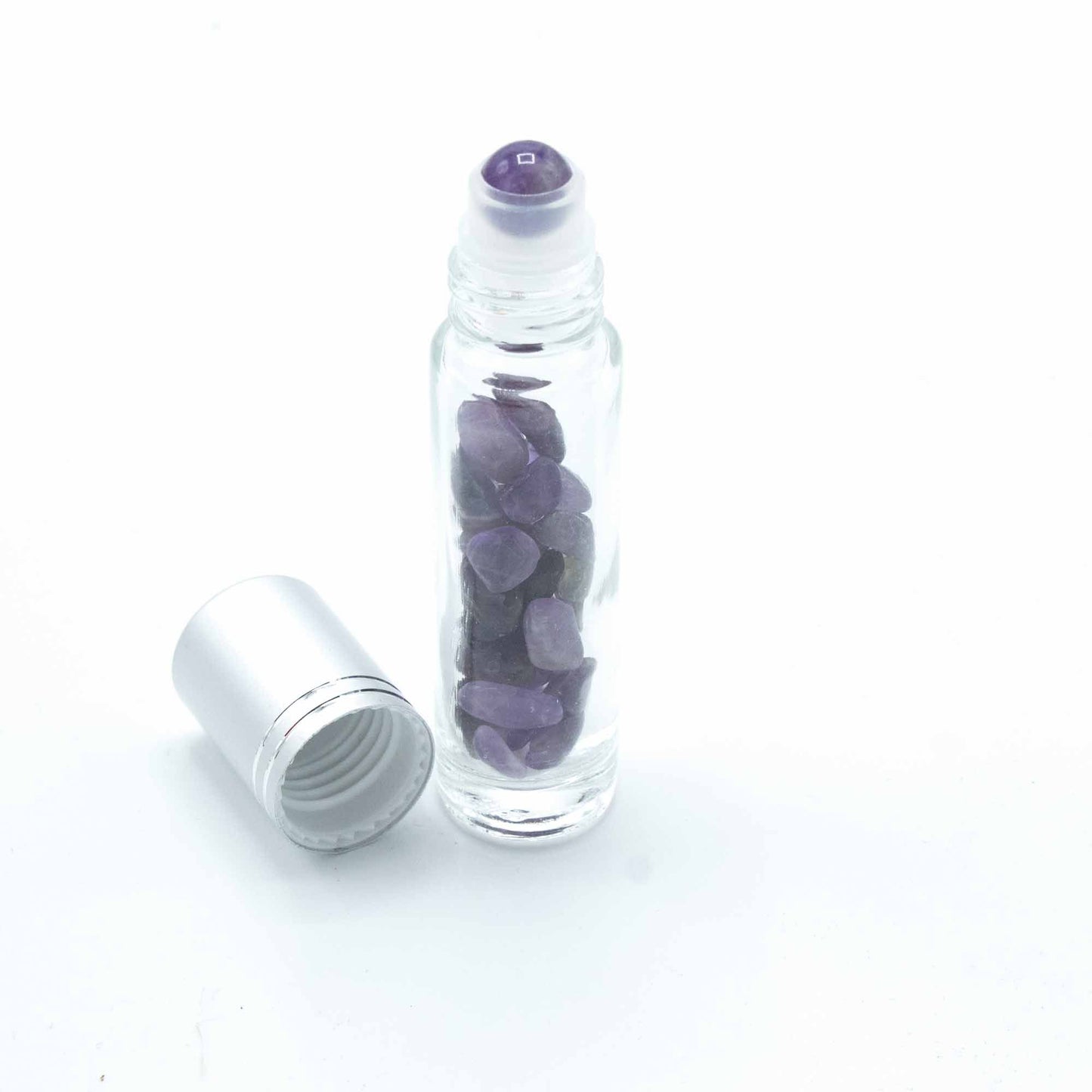 Botella de rodillo de aceite esencial de piedras preciosas - Amatista - Tapa plateada