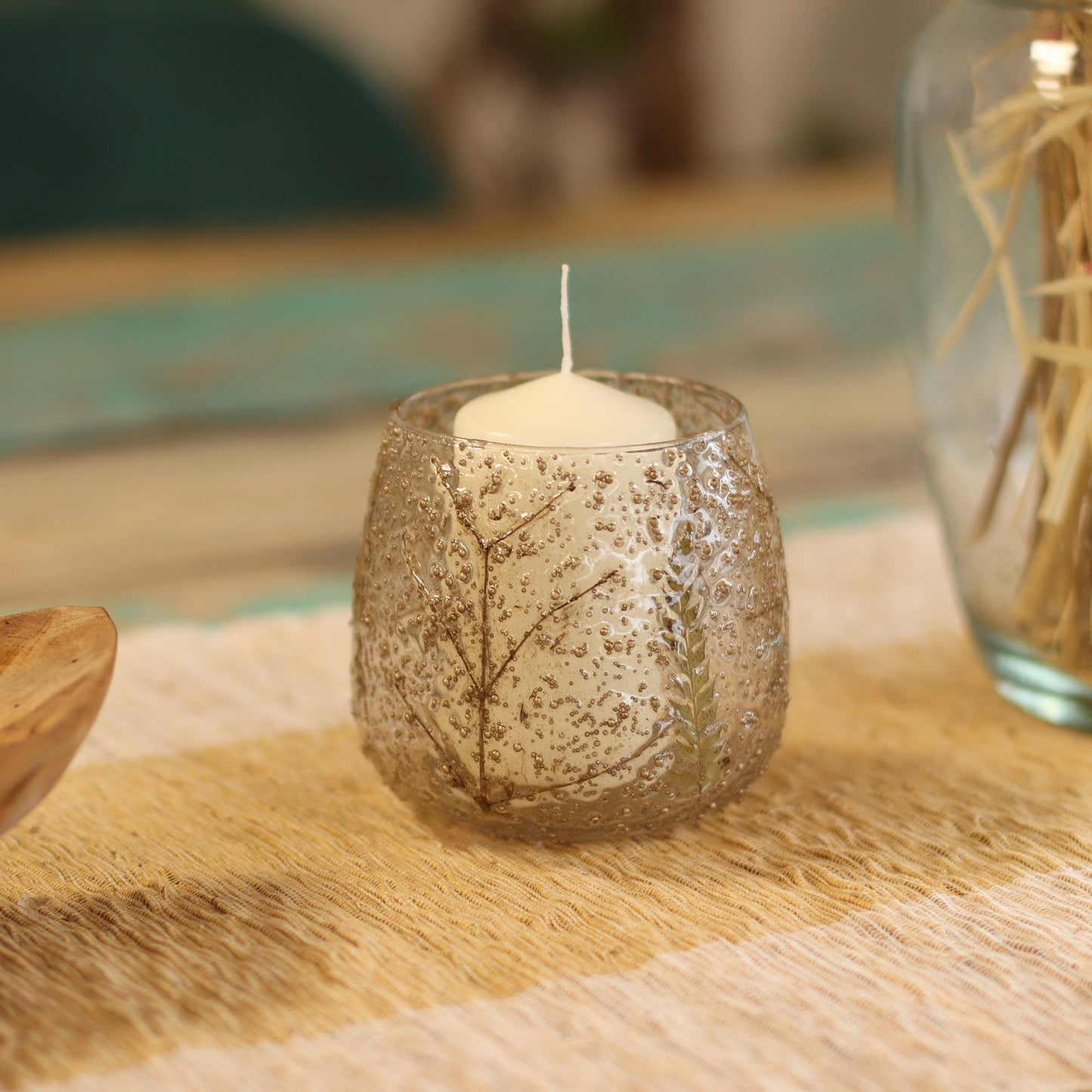 Bougeoir droit en verre floral naturel - Pin (10x9cm)