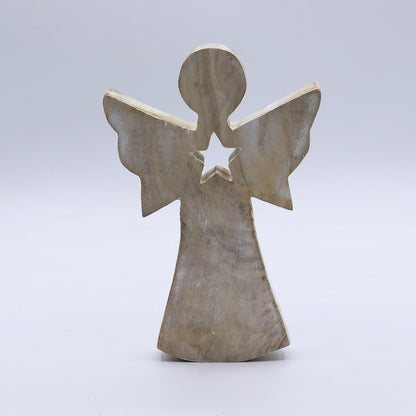 Ángel de Madera de Mango - Acabado Blanqueado con Estrella Calada - 18 cm