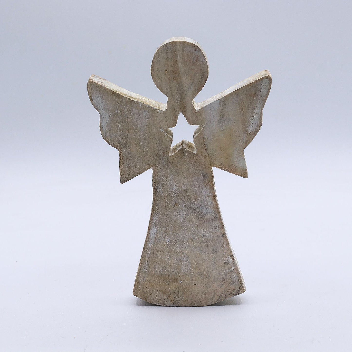 Ángel de Madera de Mango - Acabado Blanqueado con Estrella Calada - 18 cm