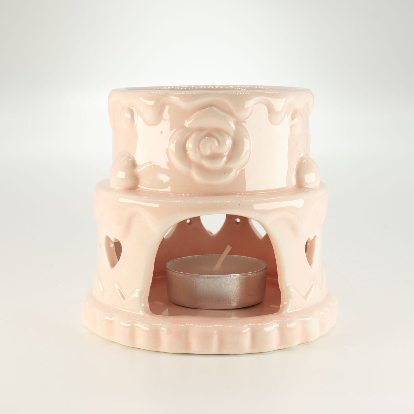 Quemador de aceite cerámico con forma de pastel - Corazones - Rosa
