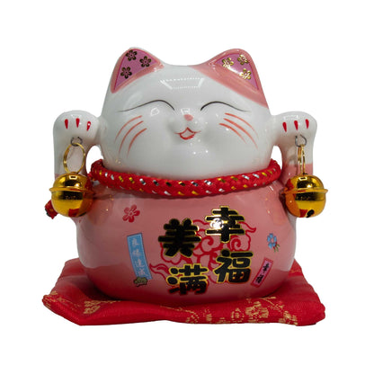 Tirelire en céramique en forme de chat porte-bonheur - rose sur coussin