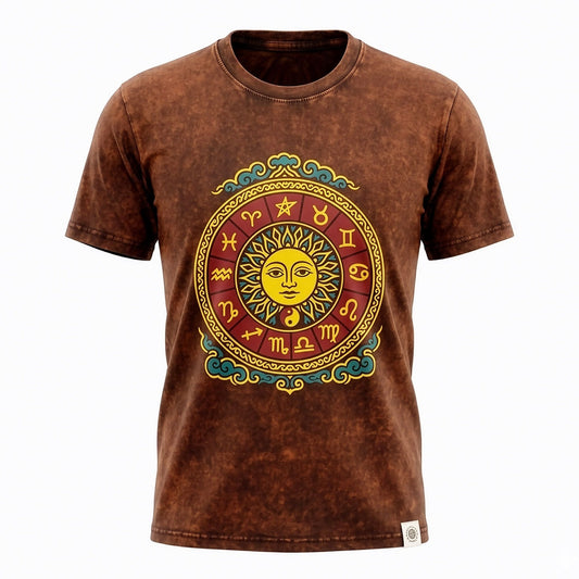 Nomad Sari T-Shirt aus gewaschener Baumwolle – Sonne und Tierkreis – Braun – Groß