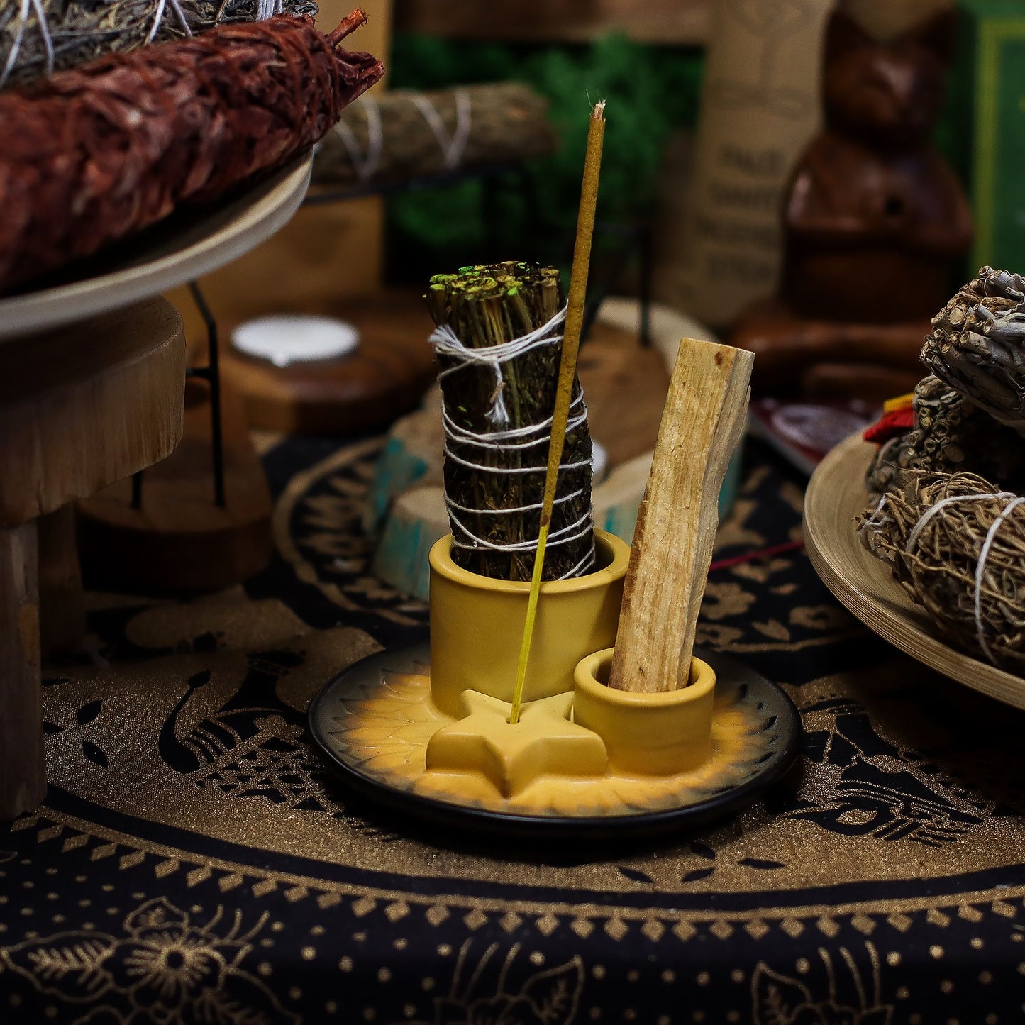 Palo Santo Stick und Räucherstäbchenhalter - Mandala - Sand und Grau