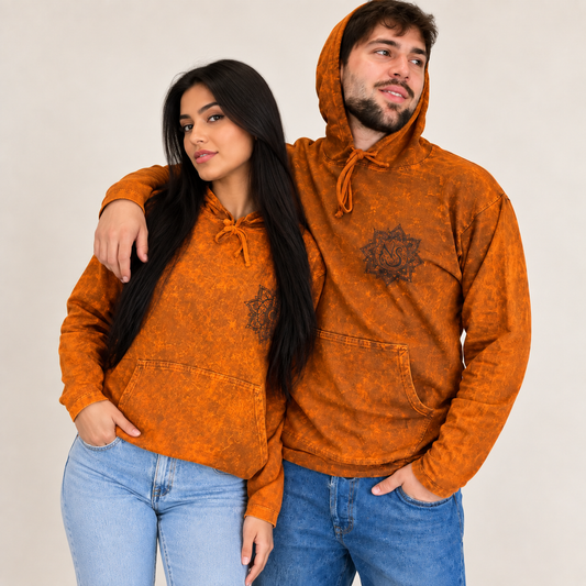 Camisa con capucha grande lavada a la piedra con bolsillo canguro - Naranja quemado