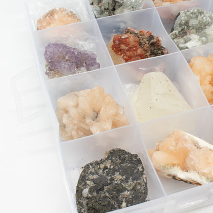 Muestras minerales - Zeolitas mixtas de la India en una vitrina (Apofilita blanca, Estilbita, Cuarzo dedo, Amatista, Estilbita verde, Heulandita)