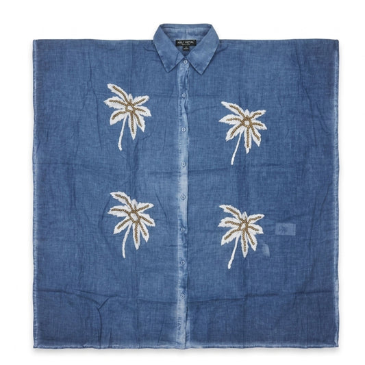 Nomad Sari en la colección Med - Caftán - Azul con decoración de palmeras en dorado y blanco