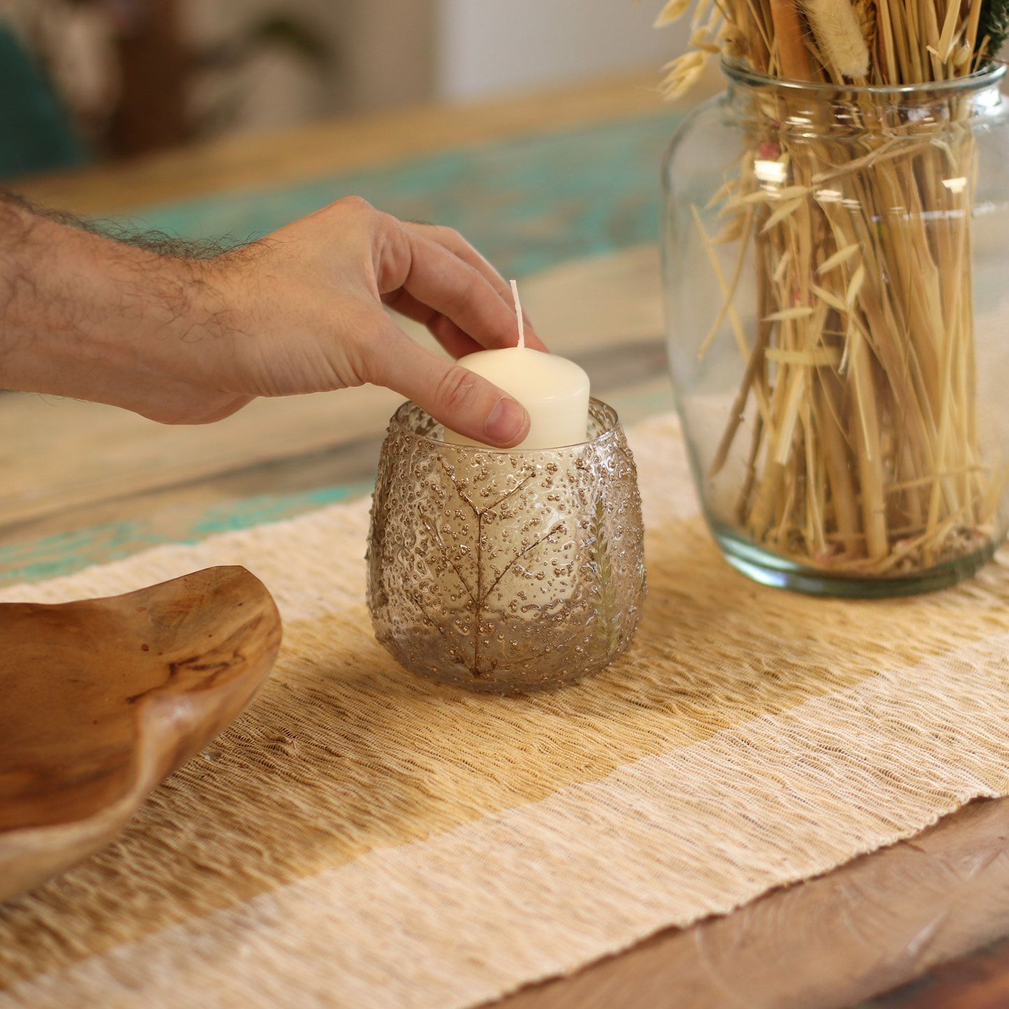 Gerader Kerzenhalter aus natürlichem Blumenglas - Kiefer (10x9cm)