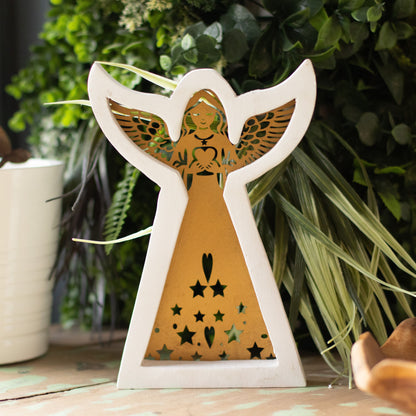 Ángel de madera de mango - acabado lavado blanco con recorte decorativo de hierro - 39 cm