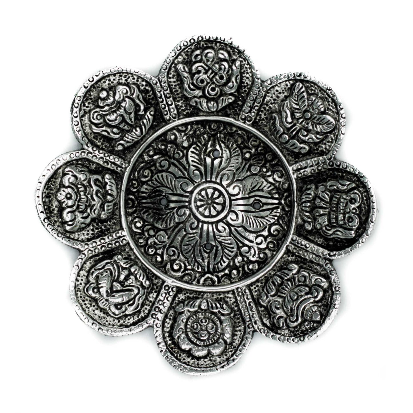 Porte-encens symboles tibétains en aluminium poli 12 cm