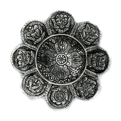 Porte-encens symboles tibétains en aluminium poli 12 cm