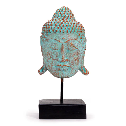 Großer Serenity-Buddha-Kopf auf Ständer - Grünes Kupfer