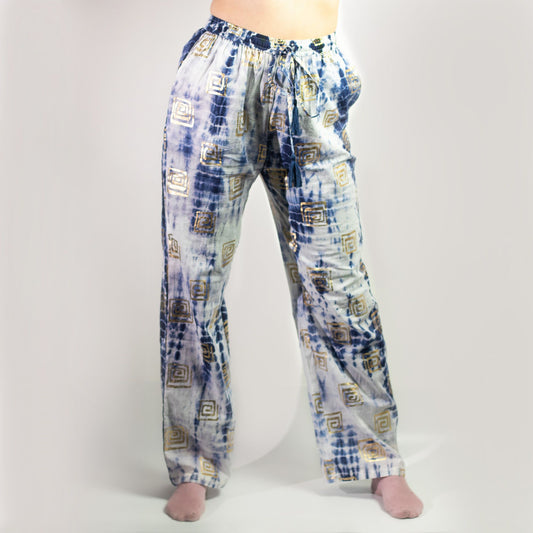 (LXL) Collection Nomad Sari méditerranéen - Pantalon - Motif grec en or et bleu