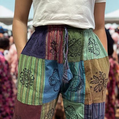 Nomaden-Sari – Pilzhose – Blockdruck-Designs – Grüntöne (105 x 127 cm) S/M