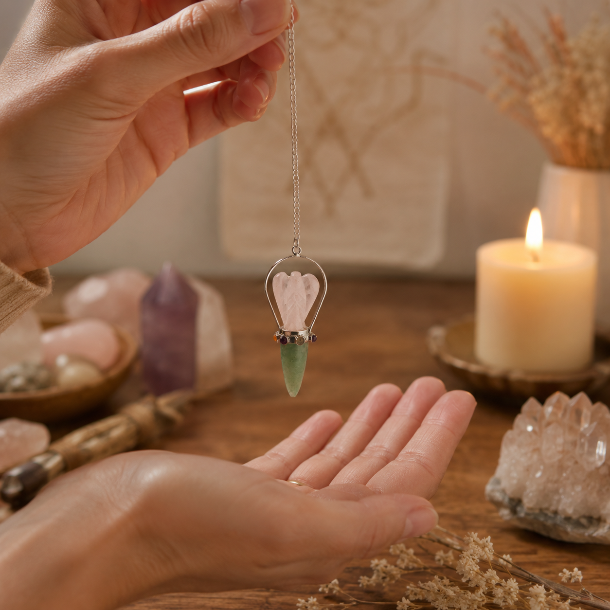 El Oráculo del Corazón - Péndulo de Ángel de Dos Piezas - Banda de Chakras - Cuarzo Rosa y Aventurina Verde