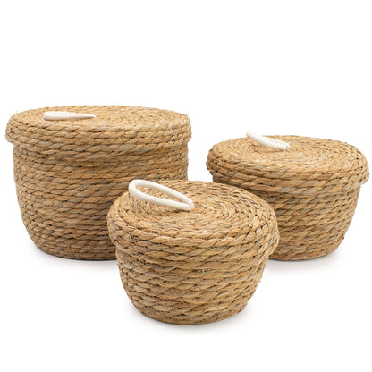Runde Körbe aus Seegras und Baumwolle mit Deckeln – Natur – 3er Set