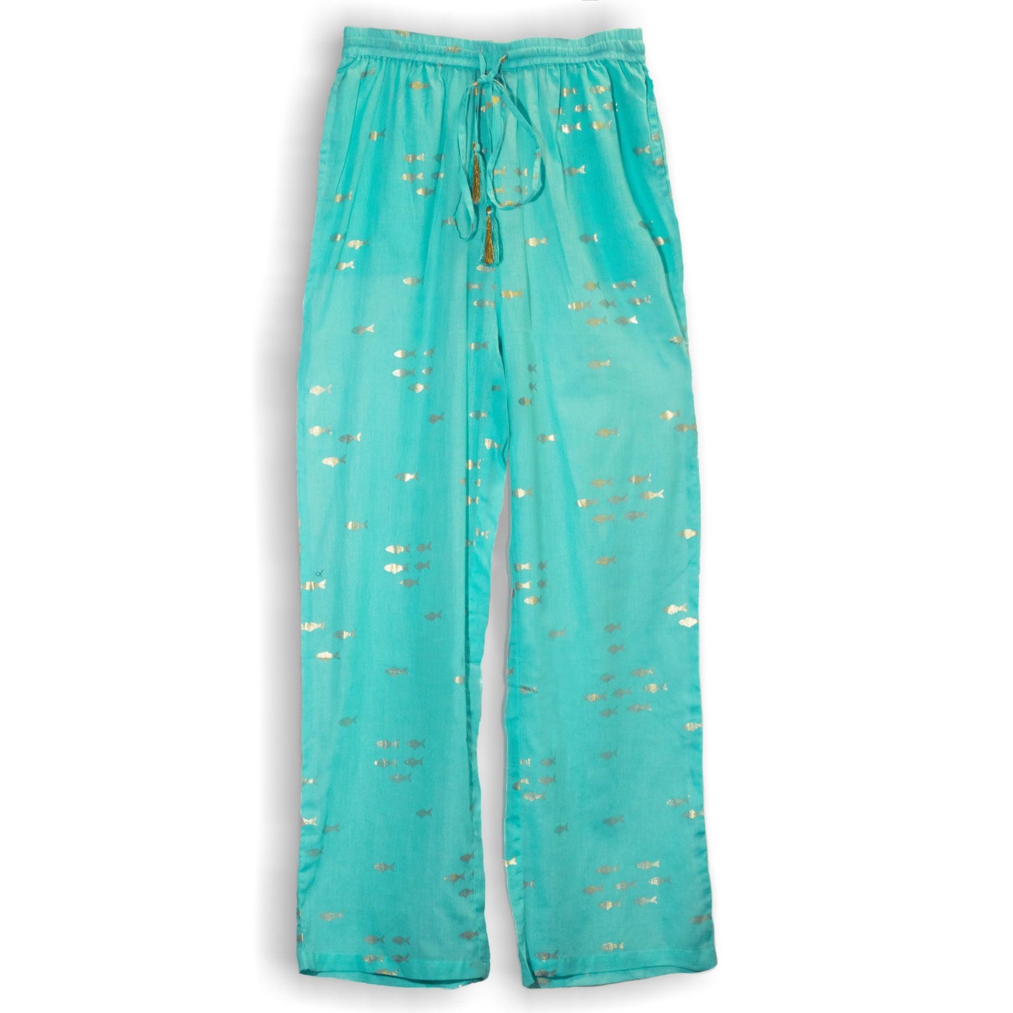 (LXL) Colección Nómada Sari Mediterráneo - Pantalones - Diseño de Peces en Turquesa y Oro