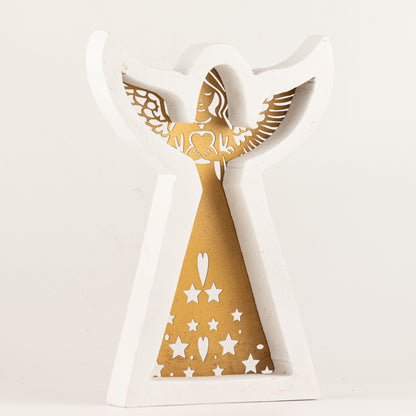 Ángel de madera de mango - acabado lavado blanco con recorte decorativo de hierro - 22 cm